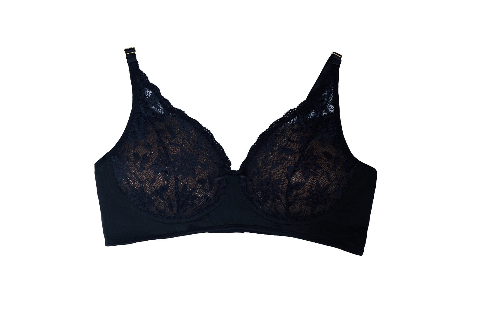 A black lace pocket bra with breathable support and delicate lace detailing, shown by hand on a clean white background.