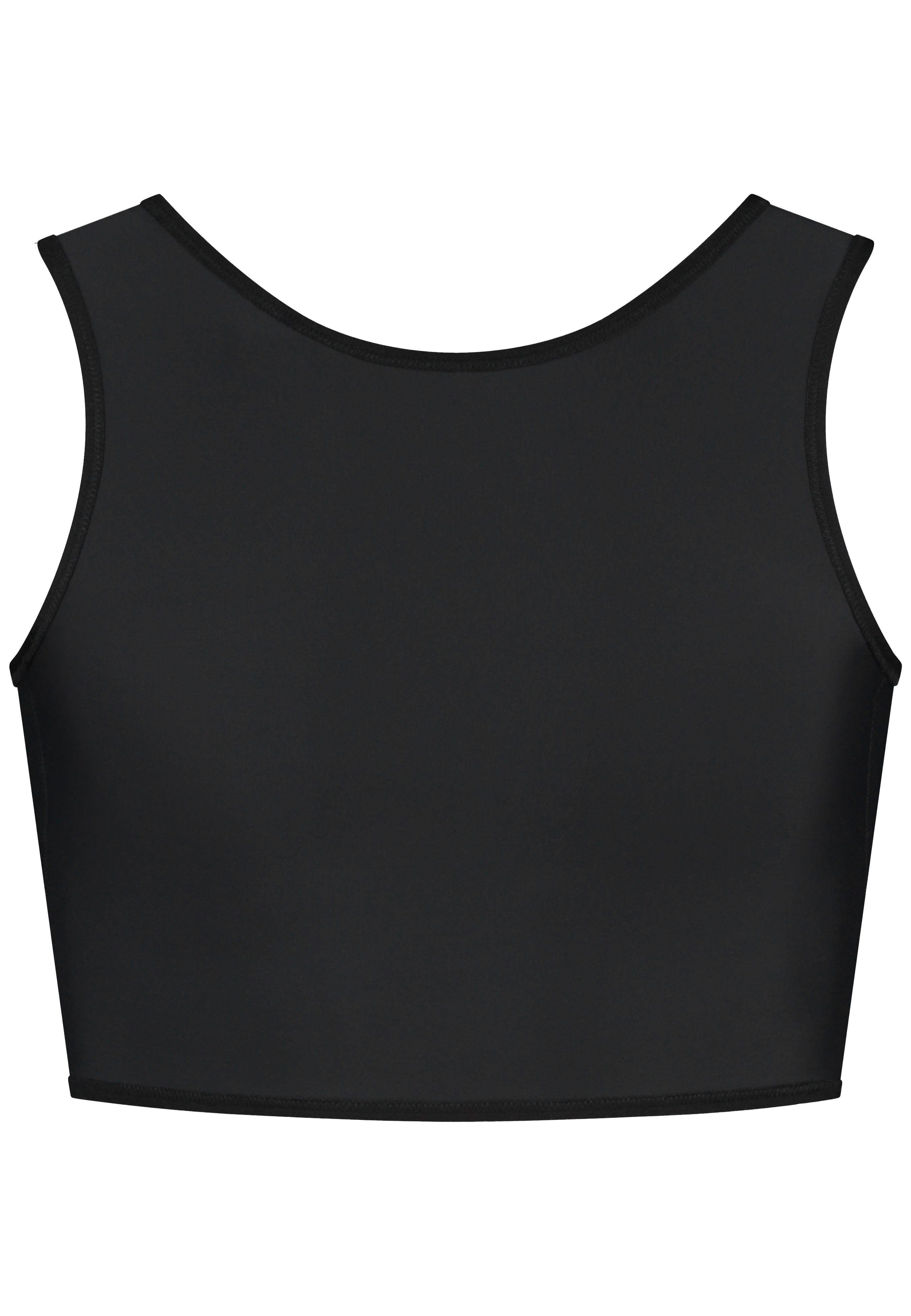 A short black chest binder with a clean round neck, seamless look, and supportive compression fit.