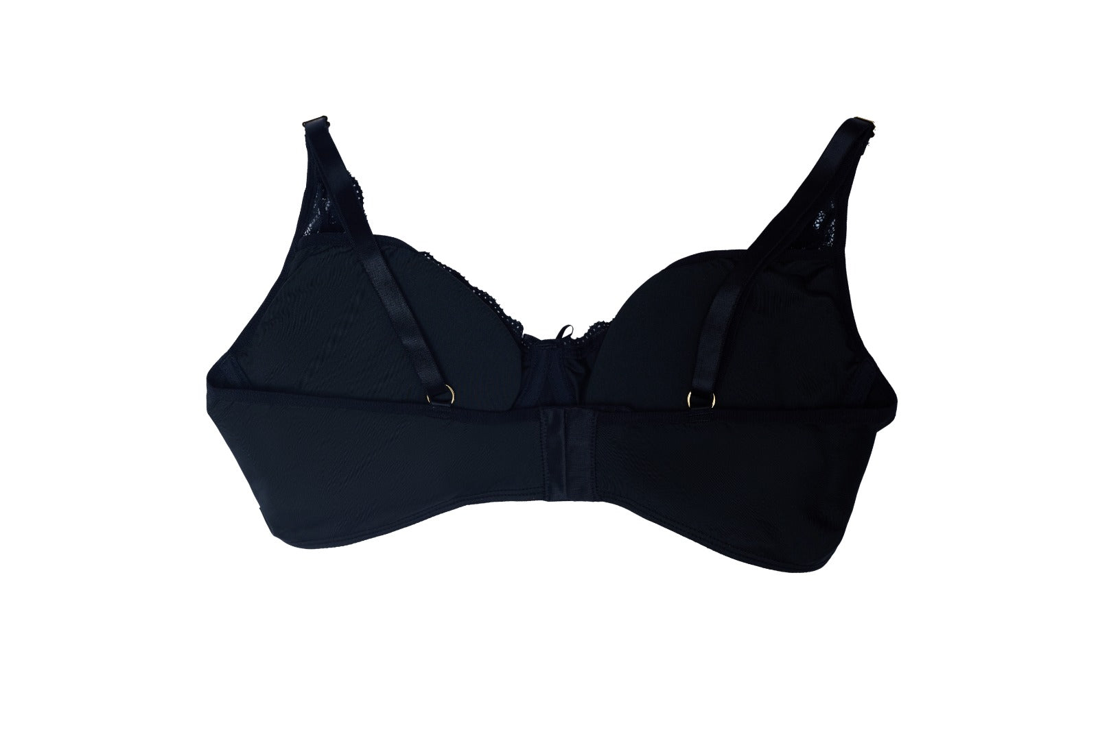 A black lace pocket bra displayed against a white background, designed to be worn with or without breast forms.