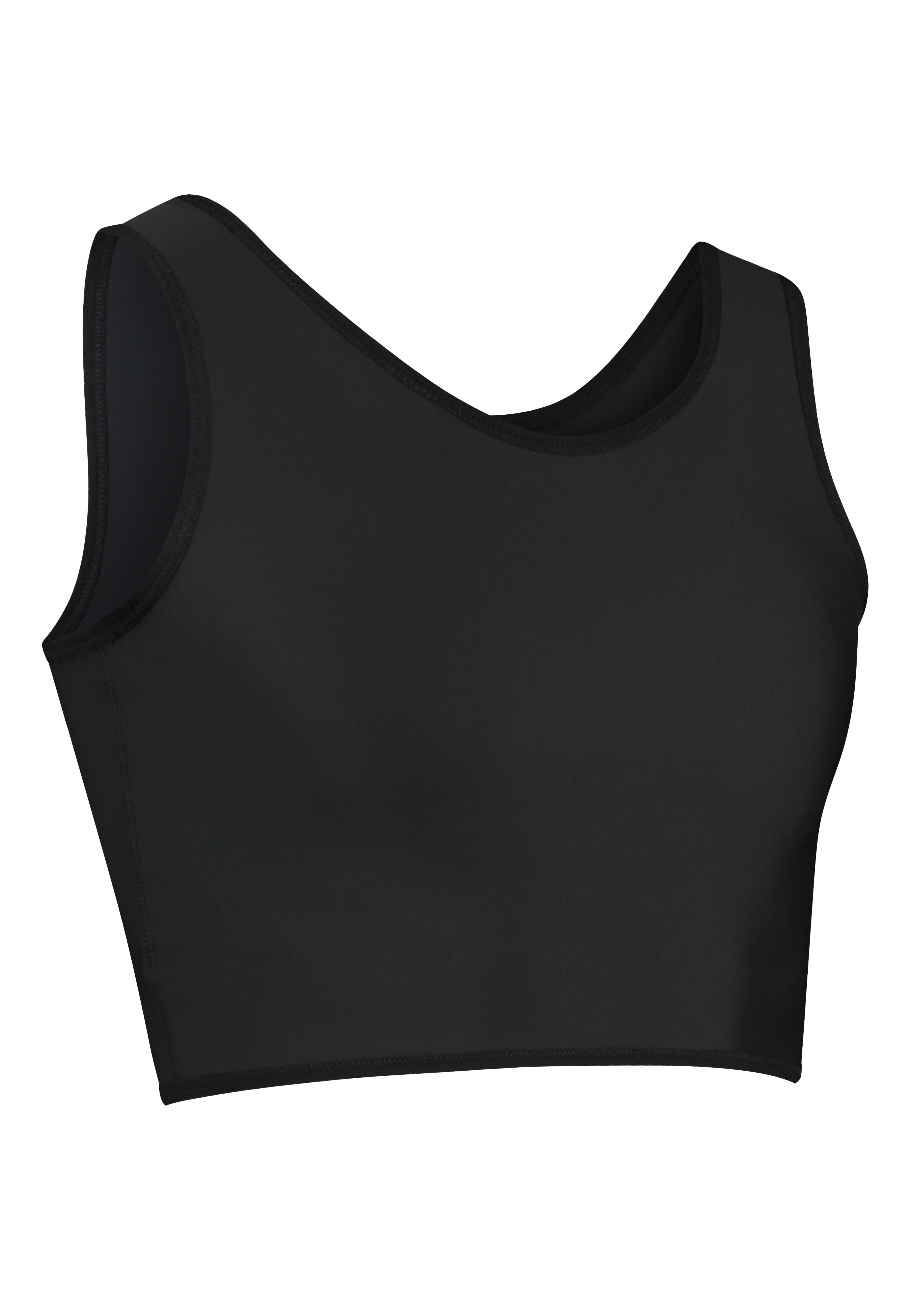 A black short chest binder with a smooth round neckline, hidden seams, and a fitted design for compression and everyday comfort.