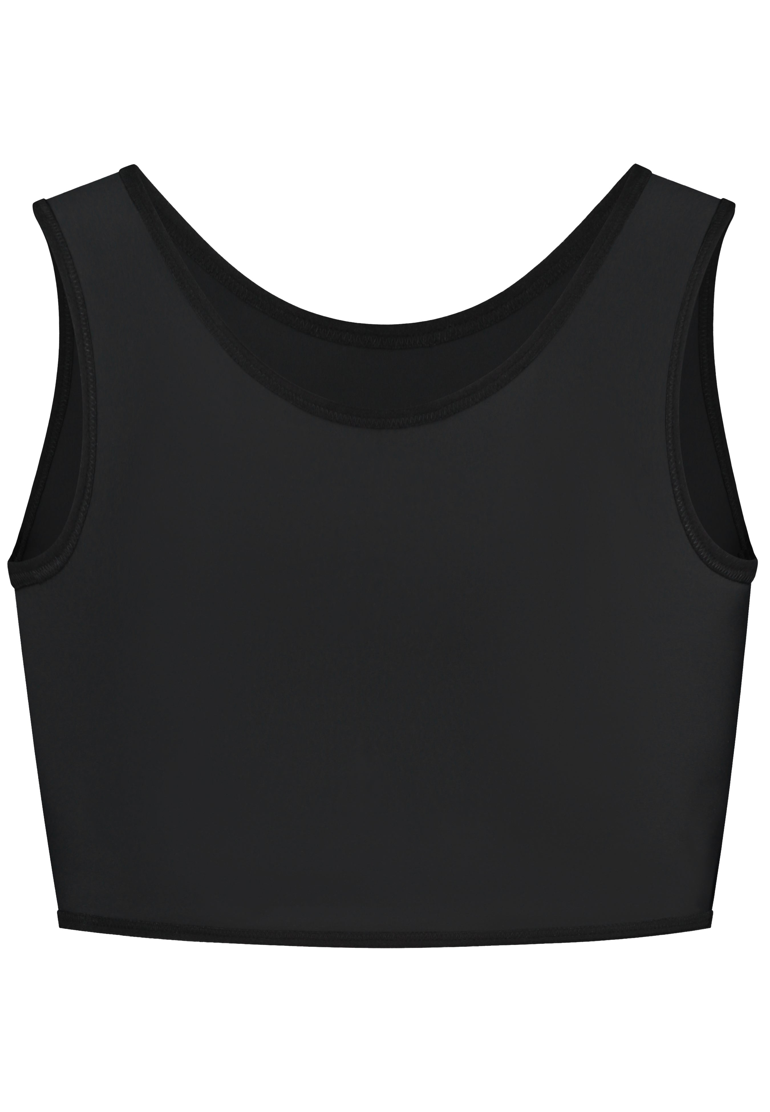 A black short chest binder with a round neckline and hidden seams, designed for compression and comfort.