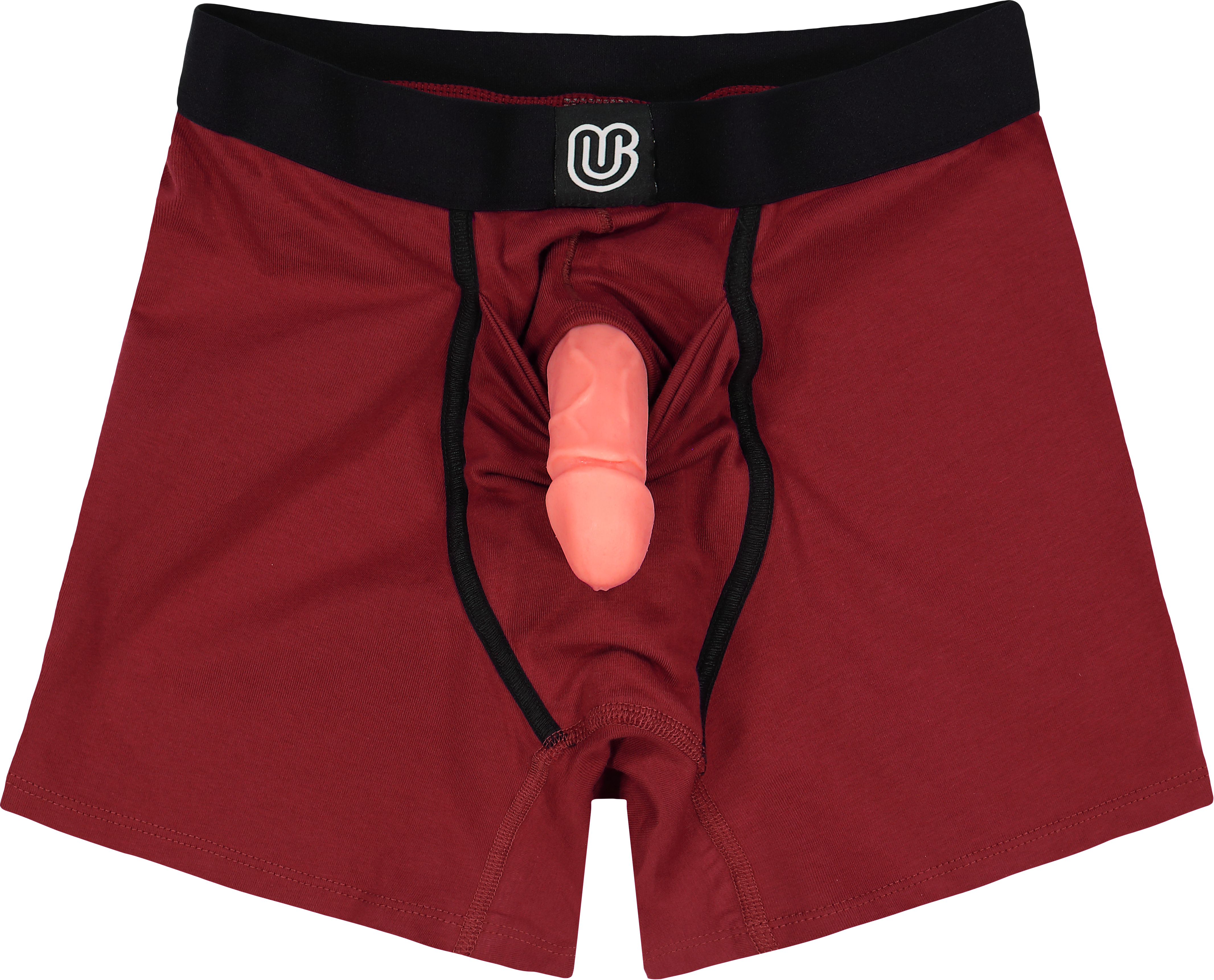 Front view of crimson red packing boxer with packer